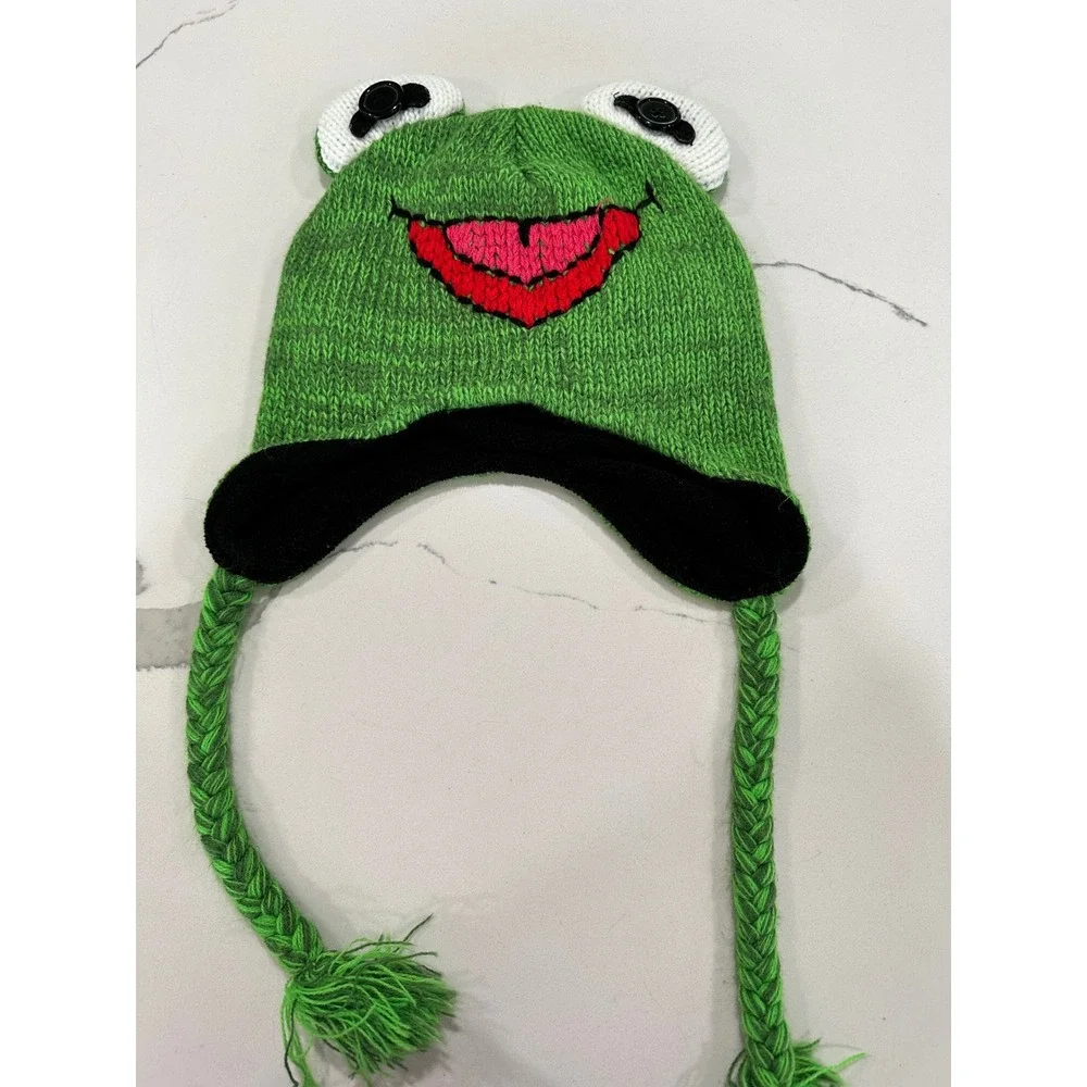 The Muppets Kermit the Frog Green Knit Beanie Hat Fleece Lined Tassels OS